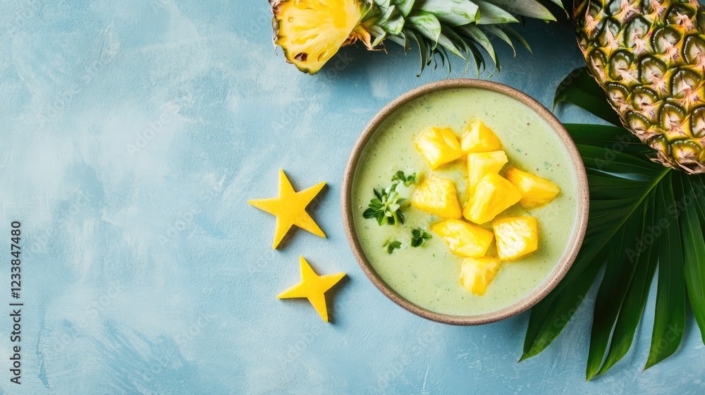 Poster tropical smoothie bowl with starfruit and pineapple chunks on blue background with empty copy space 