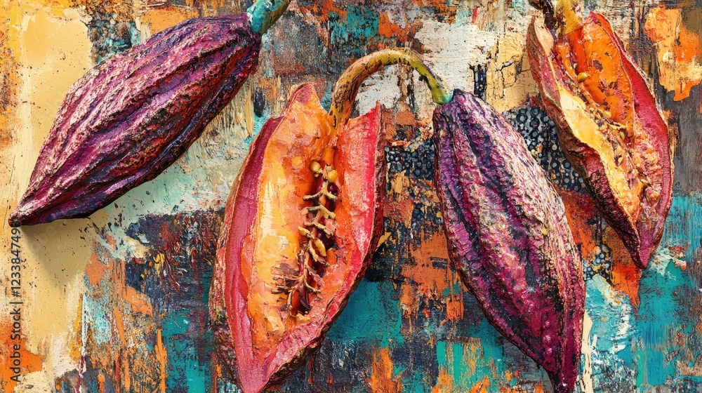 Poster vibrant and textured cacao pods showcasing unique colors against an artistic backdrop ideal for food