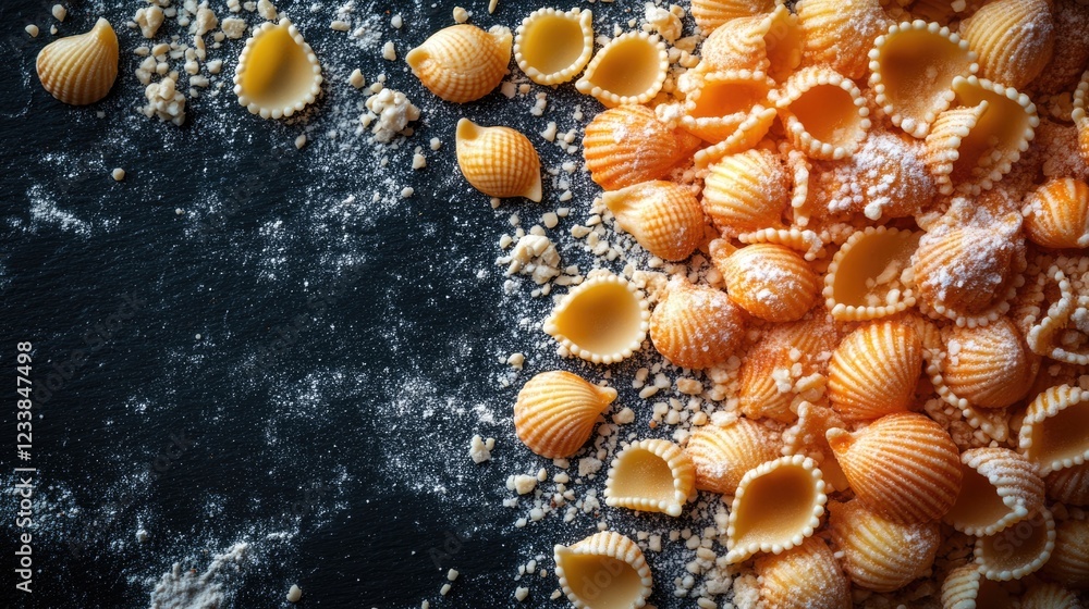 Poster decorative conchiglie pasta scattered on a dark surface with flour highlights and ample copyspace fo