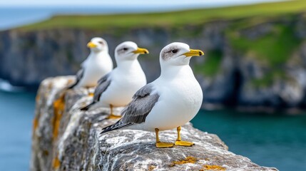 Obraz premium Three Seagulls Standing on a Stone Wall by the Ocean Cliffs
