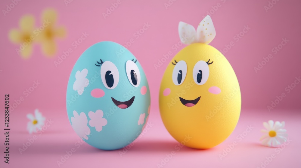 Poster playful easter egg characters with cheerful expressions on a vibrant pink background surrounded by s