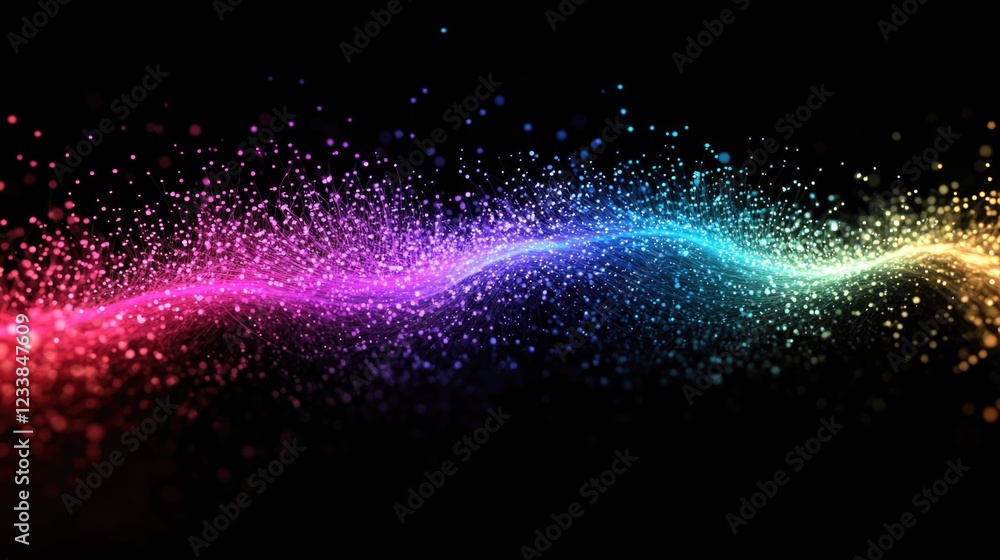 Poster vibrant fiber optic light waves creating a colorful digital network with space for text on a black b