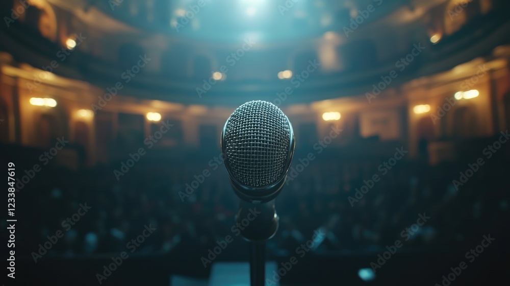 Aufkleber Stage microphone in focus with blurred concert hall audience creating an empty space for text or promotional content in the background