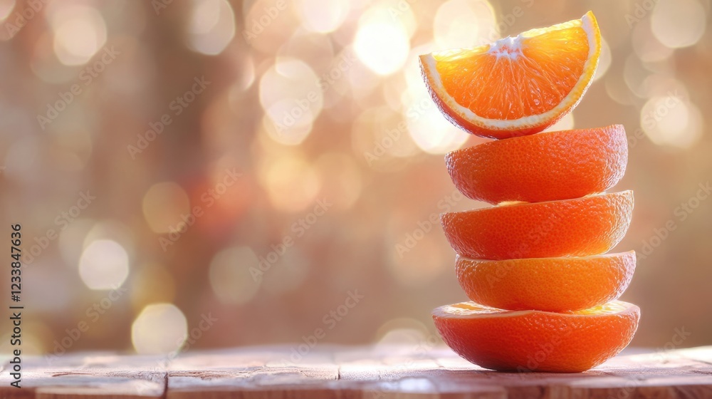 Poster vibrant sliced oranges stacked with whole orange on blurred wooden surface creating a warm and invit