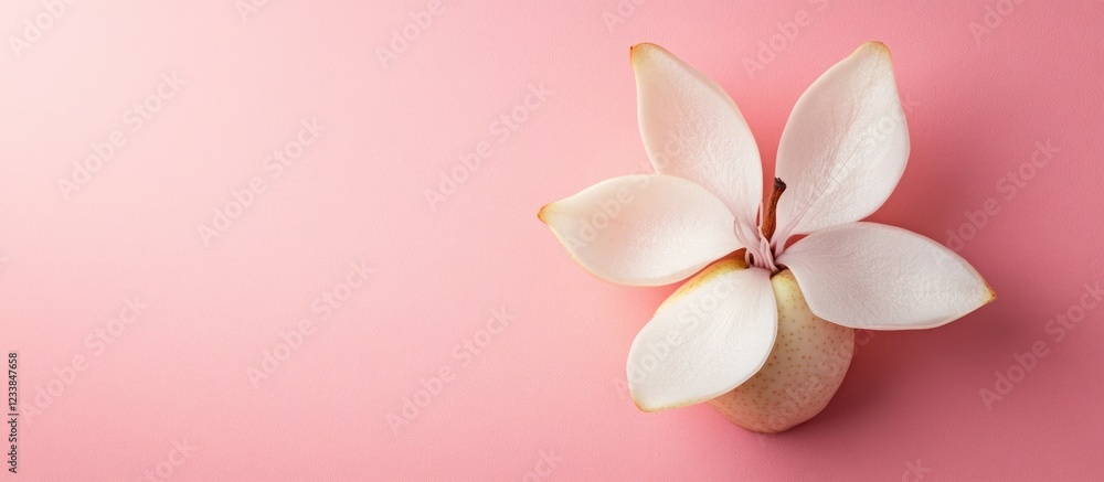 Poster Fresh white pear isolated on soft pink background showcasing its delicate petals with ample space for adding custom text or branding.
