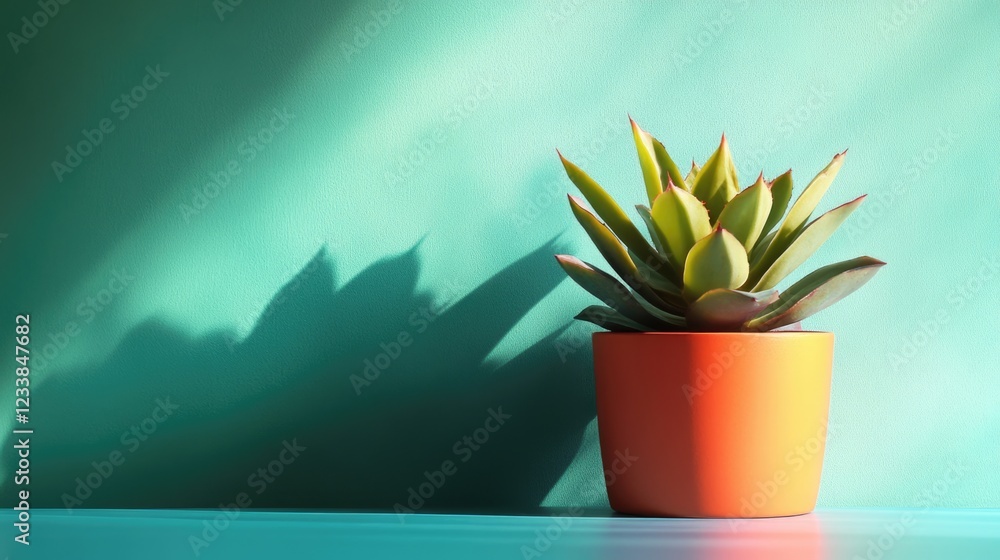 Poster bright succulent in modern pot against colorful background with copyspace for creative or business u