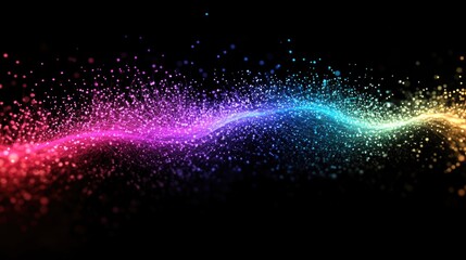 Vibrant fiber optic light waves creating a colorful digital network with space for text on a black background.