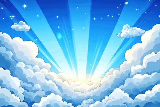 Golden sunbeams piercing through fluffy white clouds in a bright blue sky.