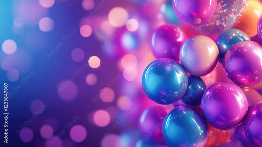 Poster vibrant colorful shiny balloons creating a festive mood with soft bokeh background and space for tex