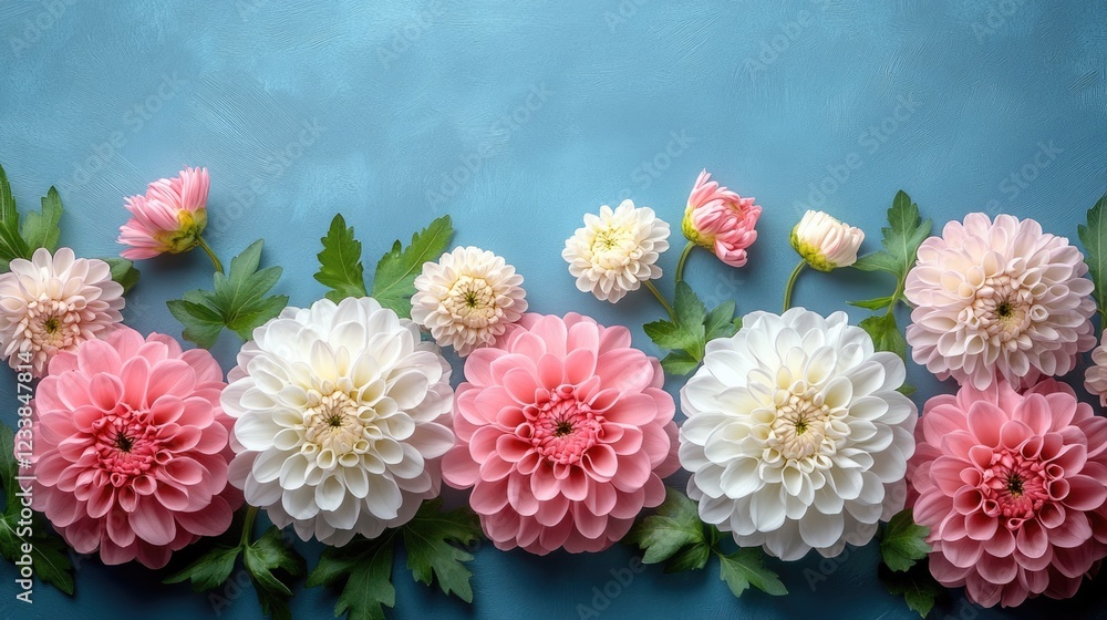 Fototapete delicate pink and white chrysanthemum flower arrangement on a blue backdrop with empty space for gre
