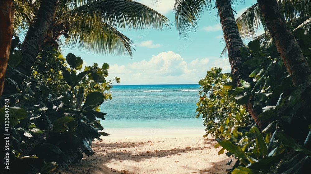 Aufkleber tropical beach scene framed by palm trees with clear blue sky and ocean providing perfect blank spac