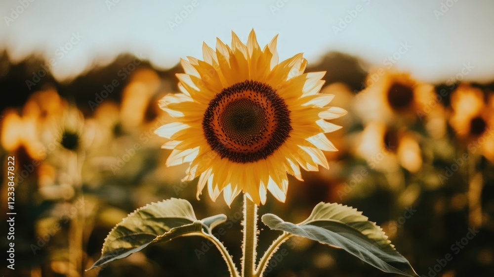 Poster close up of a blooming sunflower against a blurred background with ample copyspace for text and mess