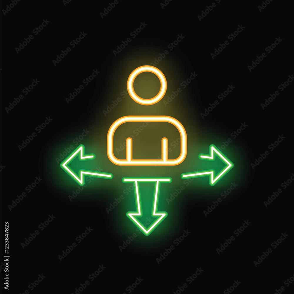Poster neon sign of a person making a decision with arrows pointing in different directions