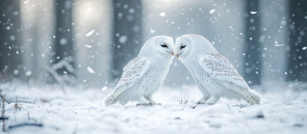 Poster white owls interacting in a snowy environment with a minimalist forest backdrop and ample empty spac