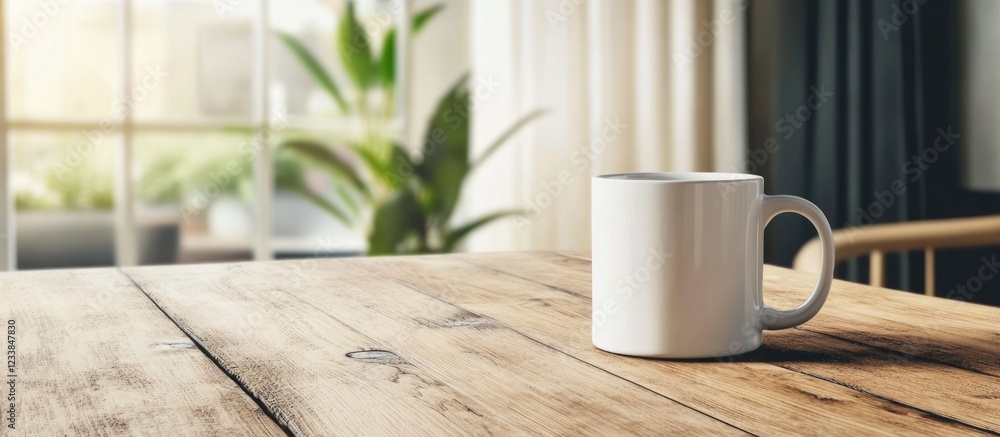 Poster modern home interior featuring a white mug on a wooden table with ample empty space for text and nat