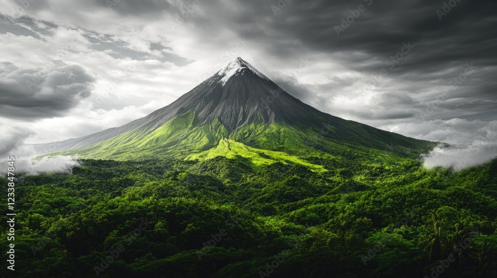 Aufkleber majestic mountain landscape with lush greenery and snow-capped peak under dramatic clouds ideal for 