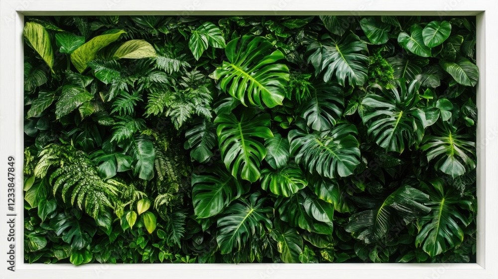 Poster Tropical foliage background framed with a white border offering ample empty space for text or design elements in a vibrant green setting