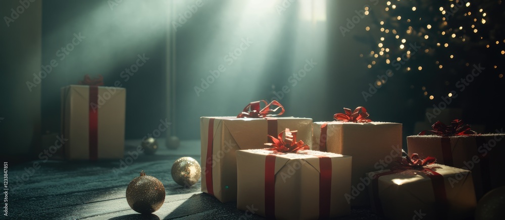 Poster holiday gifts surrounded by warm lighting and shimmering ornaments with empty space for text in a co