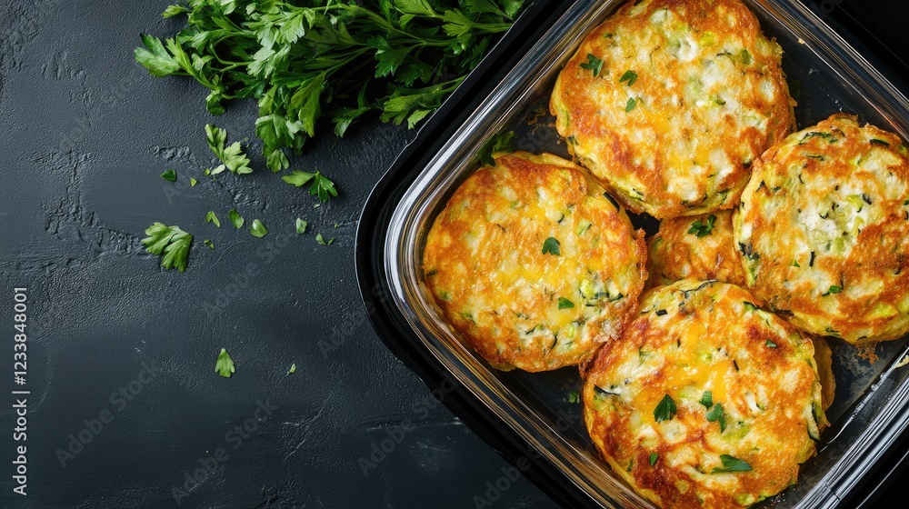 Aufkleber Homemade zucchini pancakes with cheese and parsley arranged in a plastic container on a dark table top view with copyspace for text
