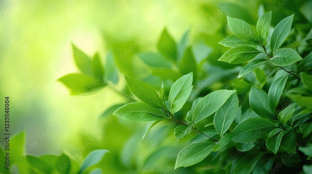 Poster lush green leaves background with soft focus ideal for text overlay and natural theme projects