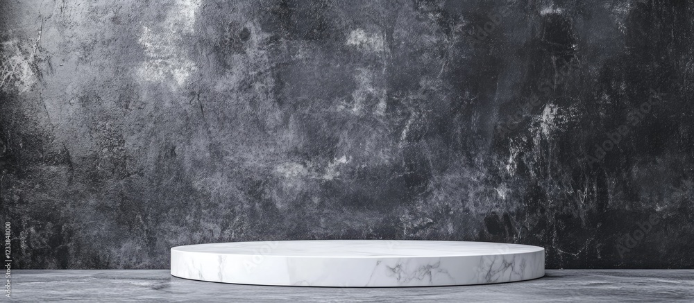 Poster white circular pedestal on a textured gray backdrop creating spacious product display area with ampl