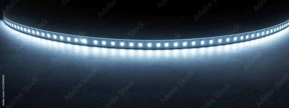 Poster white glowing led strip illuminated in dark background wide panorama with ample copy space for text 