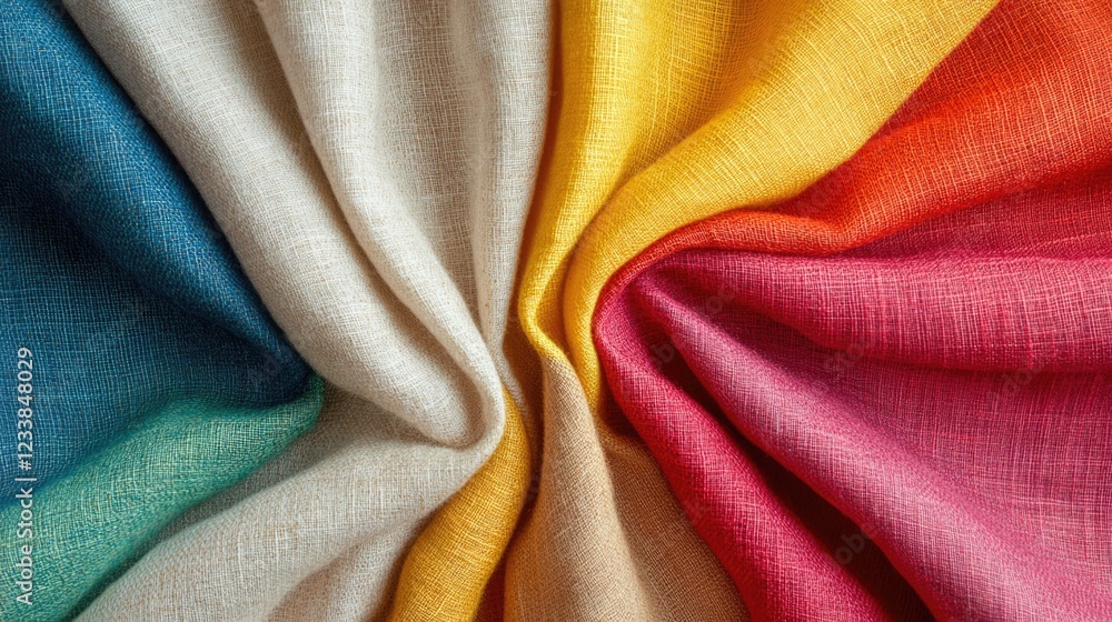 Poster vibrant natural fabrics swirling in clean factory setting with ample copyspace for text and product 