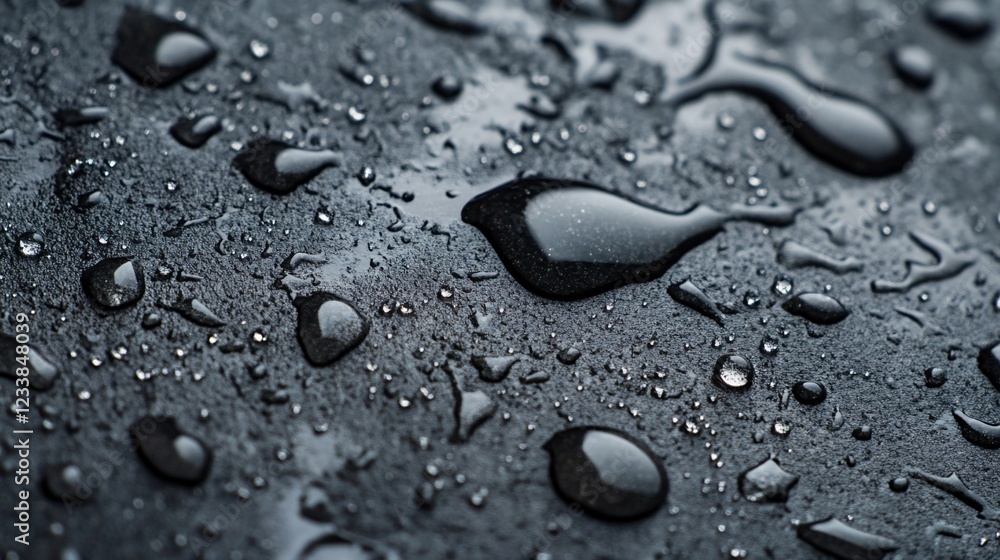 Poster water droplets on a textured dark surface creating a reflective pattern