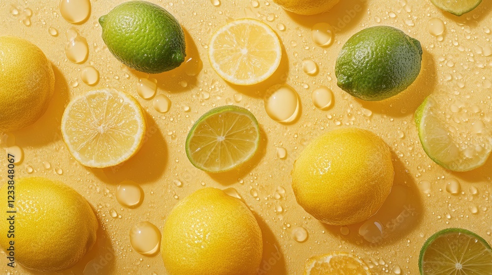 Aufkleber fresh lemons and limes with dew drops on a vibrant yellow background creating a refreshing and vibra