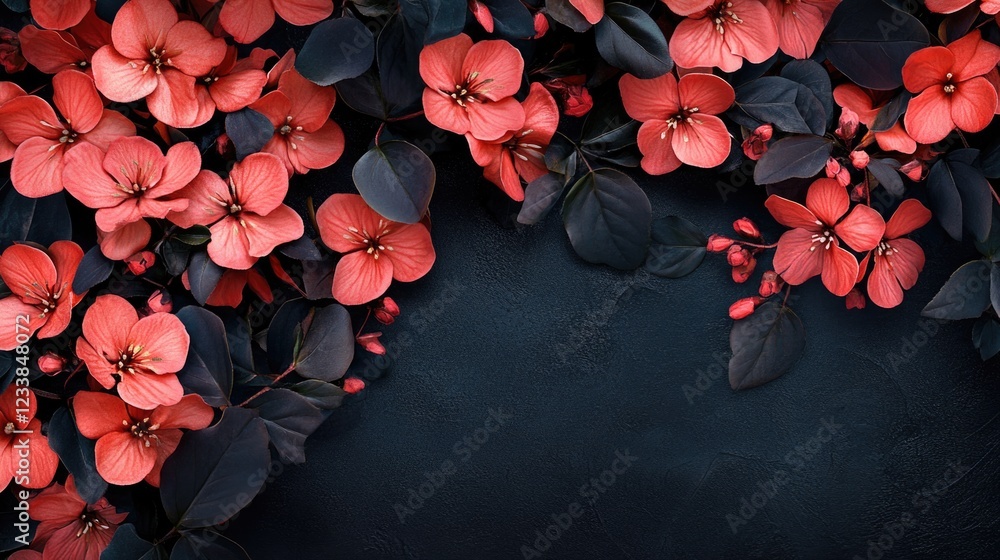 Poster vibrant coral flowers and dark foliage creating a striking background with ample copyspace for text 