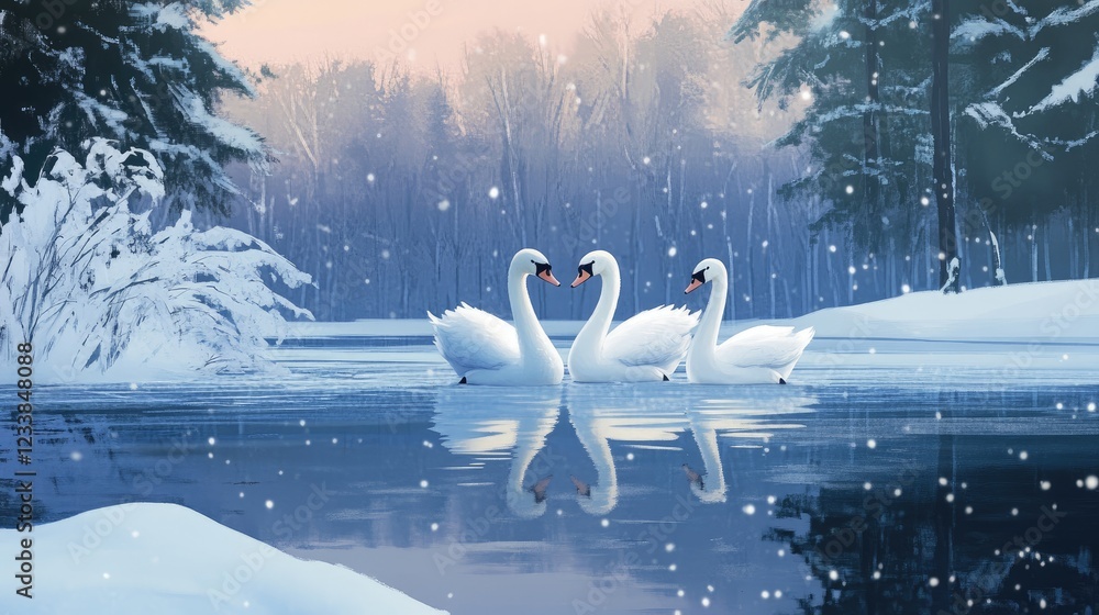 Aufkleber tranquil winter scene with three graceful swans on a snowy lake surrounded by frosty trees and gentl