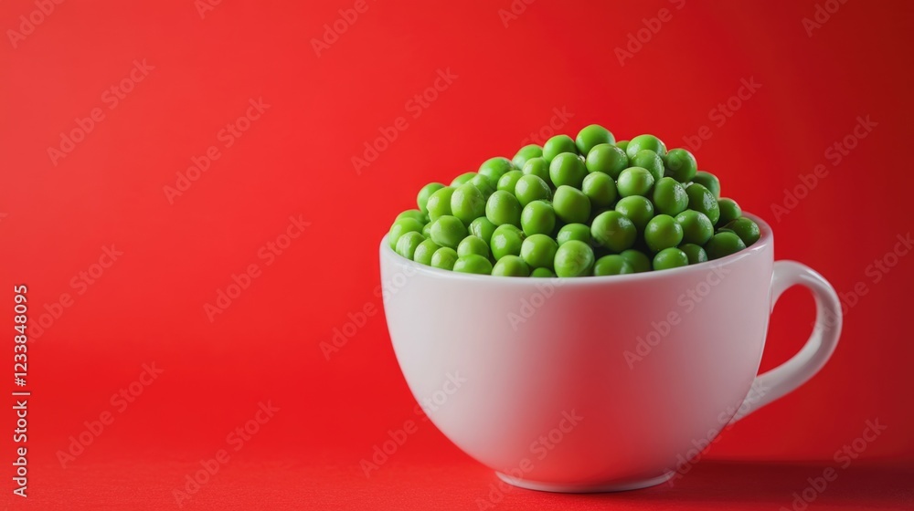Poster vibrant green peas piled in a white cup against a bold red background showcasing warm tactile design