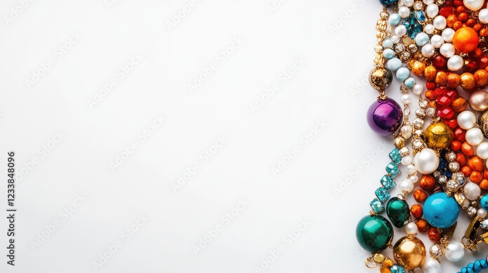 Poster vibrant assorted jewelry details on white background with space for text or branding