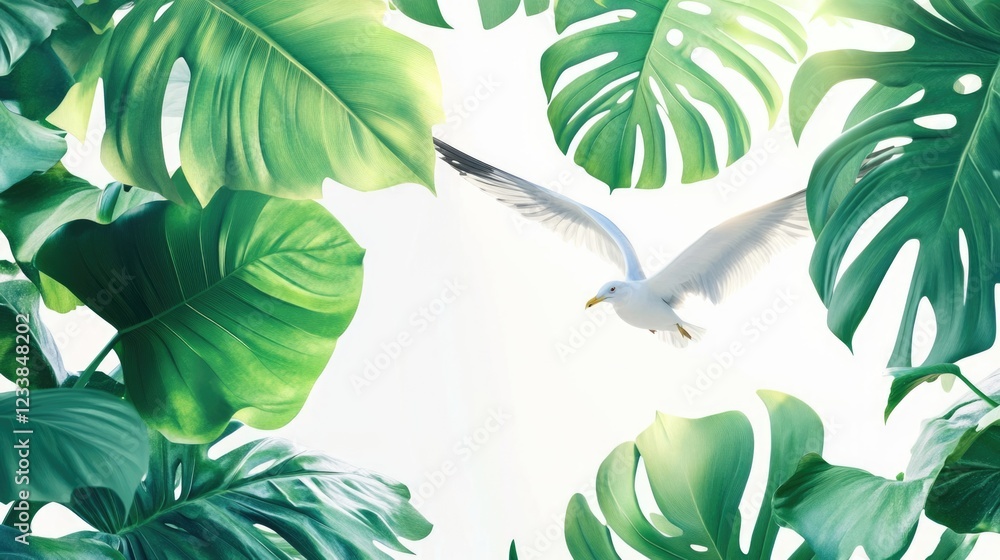 Aufkleber Monstera Plant Leaves with Sunlight and Seagull in Background Creating a Calming Nature Scene Ideal for Text Overlay