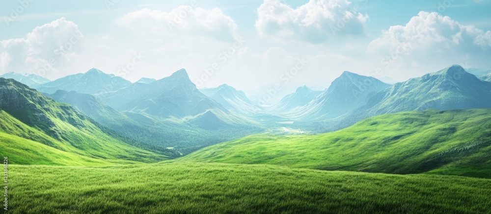 Poster vast natural landscape showcasing mountains and vibrant green grass with ample empty space suitable 