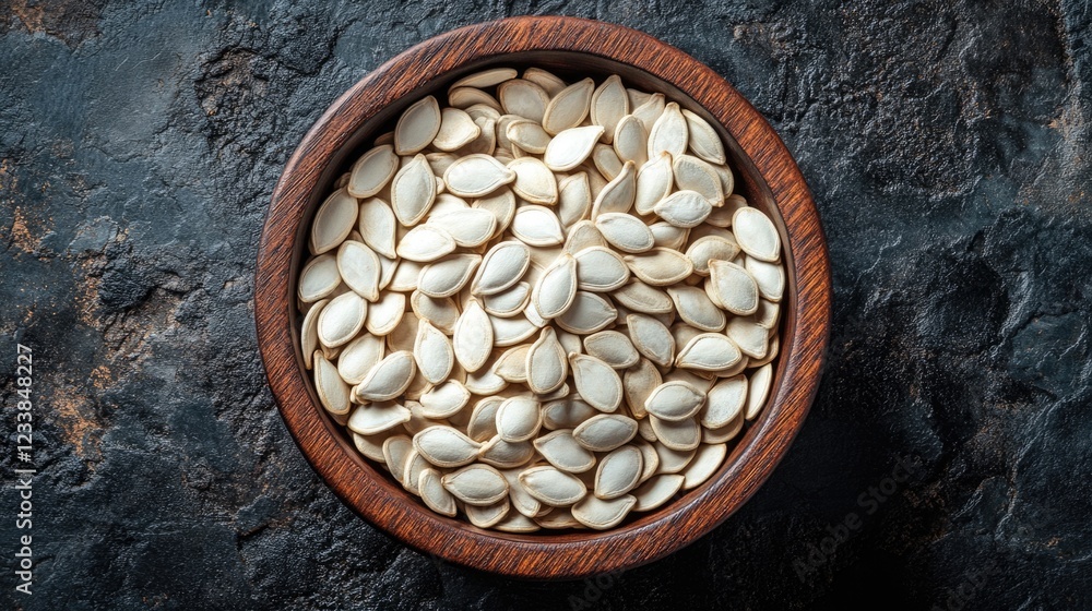 Poster top view of fresh pumpkin seeds in a wooden bowl on dark textured background with empty space for te