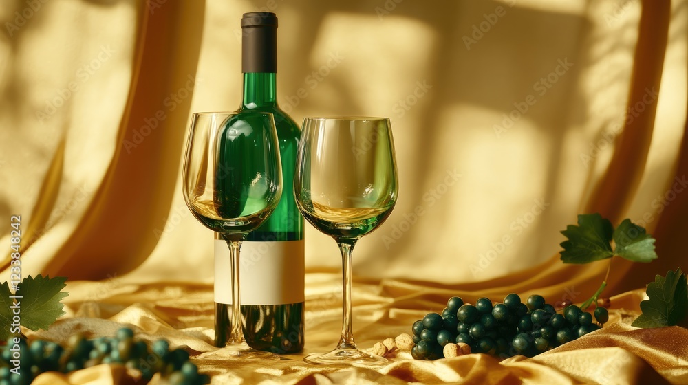 Poster elegant green wine glasses with a white bottle surrounded by grape leaves and nuts on a luxurious go