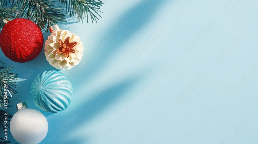 Poster Vibrant Christmas ornaments in various colors resting on a soft blue background with pine branches creating a festive atmosphere