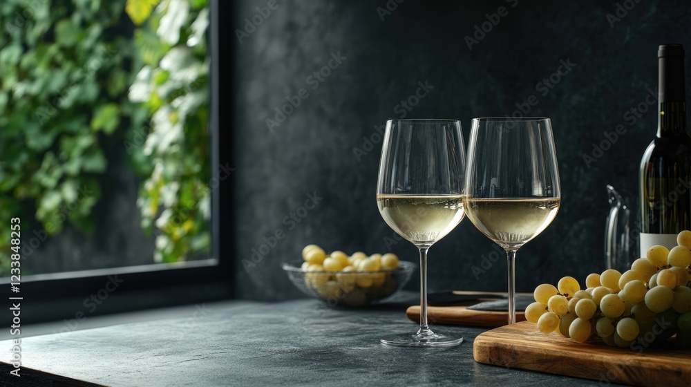 Poster elegant white wine glasses with fresh grapes on a rustic table against a nature backdrop featuring a