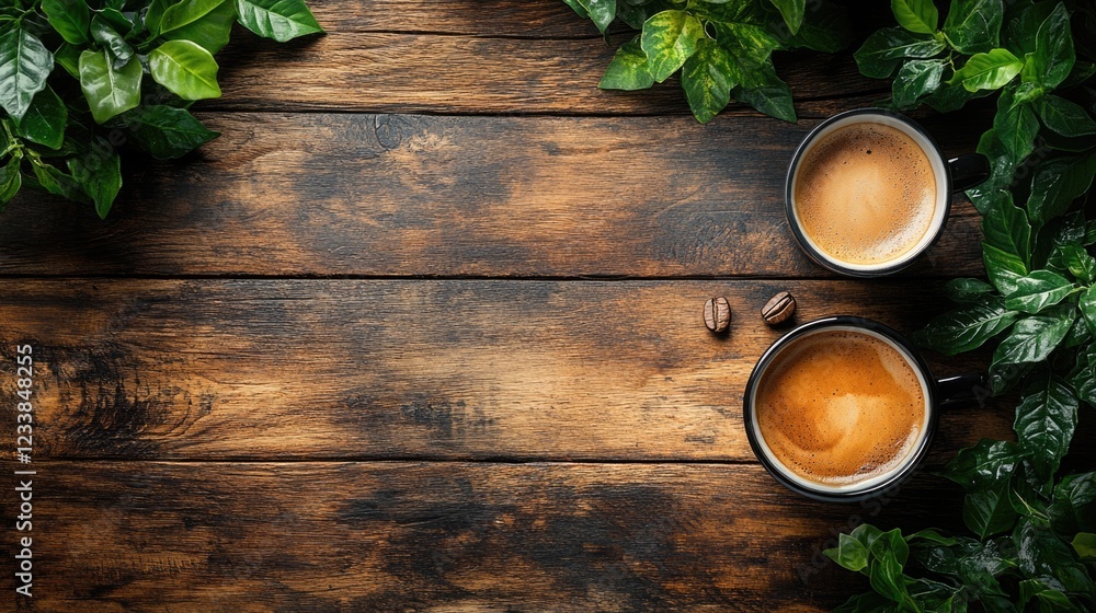 Poster espresso coffee cups on rustic wooden table surrounded by lush green leaves with empty space for tex