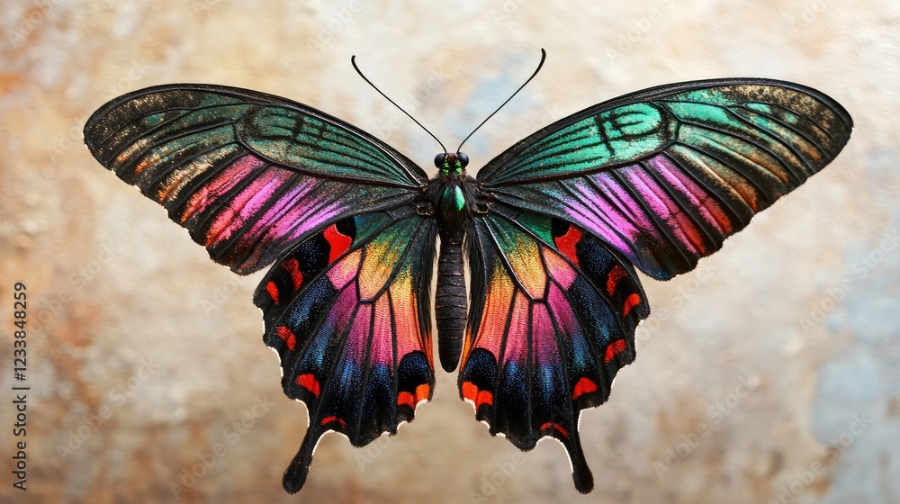 Poster Colorful butterfly perched elegantly with vivid hues set against a gently blurred natural background showcasing its intricate patterns.