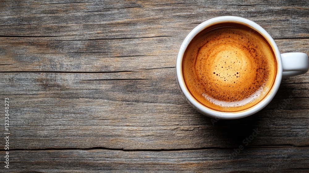 Aufkleber espresso coffee cup on rustic wooden background with ample copyspace for text and an inviting, warm 