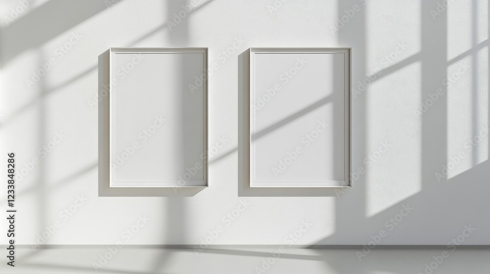 Aufkleber empty picture frames positioned on a white wall, perfect for showcasing photo collages with natural 