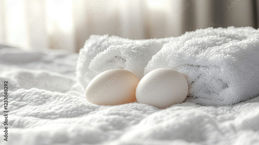 Poster Comforting Nesting Scene with Eggs on Soft Linens and Towels Embracing Hygge Lifestyle Concept in a Serene Bedroom Setting