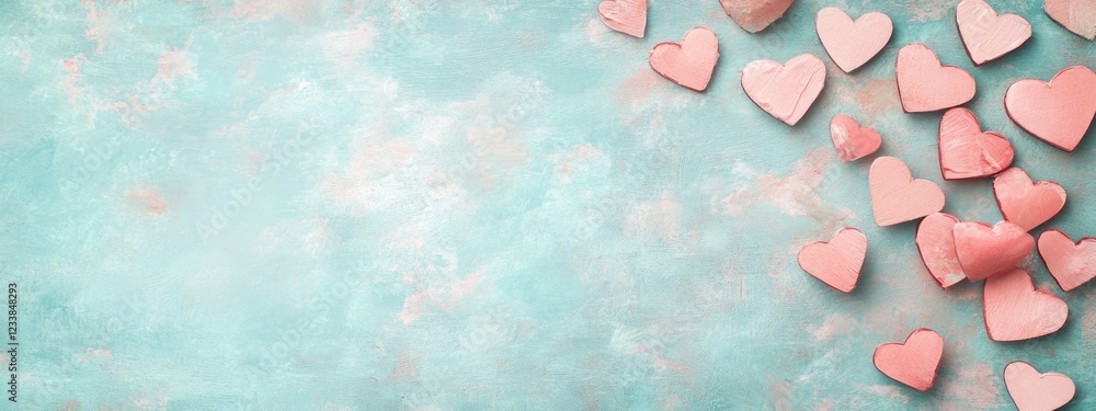 Poster romantic pink hearts on soft blue background with blank space for custom text or message