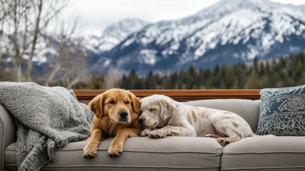 Obraz premium Two adorable dogs lounging on a cozy couch with a stunning mountain view in the background showcasing serene companionship and nature.