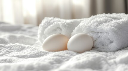 Comforting Nesting Scene with Eggs on Soft Linens and Towels Embracing Hygge Lifestyle Concept in a Serene Bedroom Setting