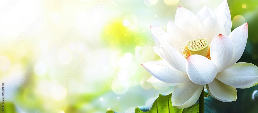 Poster elegant white lotus flower with blurred water background and ample empty space for creative text pla