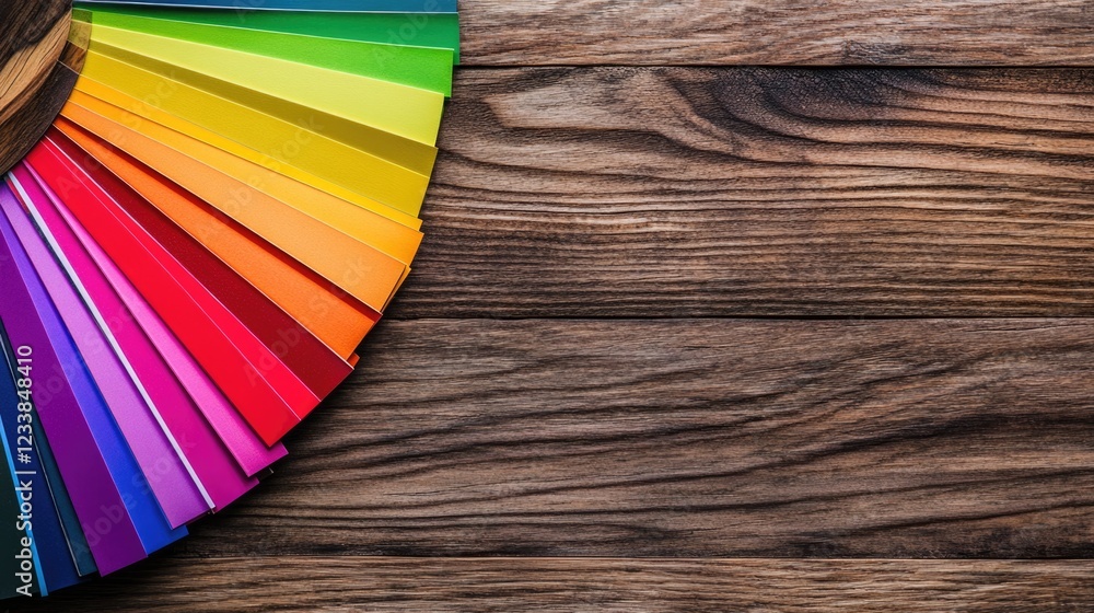 Poster vibrant color palette displayed on wooden surface with empty space for text and design elements