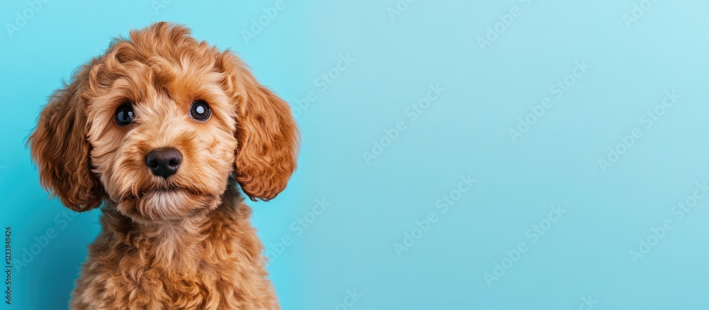 Aufkleber cavapoo puppy with floppy ears looking at the camera on a blue background with space for text or des